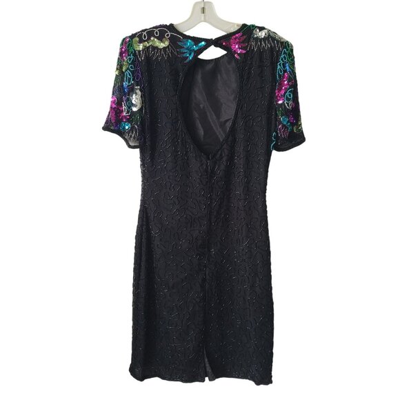 Vintage Sweelo Beaded Sequin Dress 80s Prom Cocktail Black Rainbow Glam Fancy - Picture 2 of 15